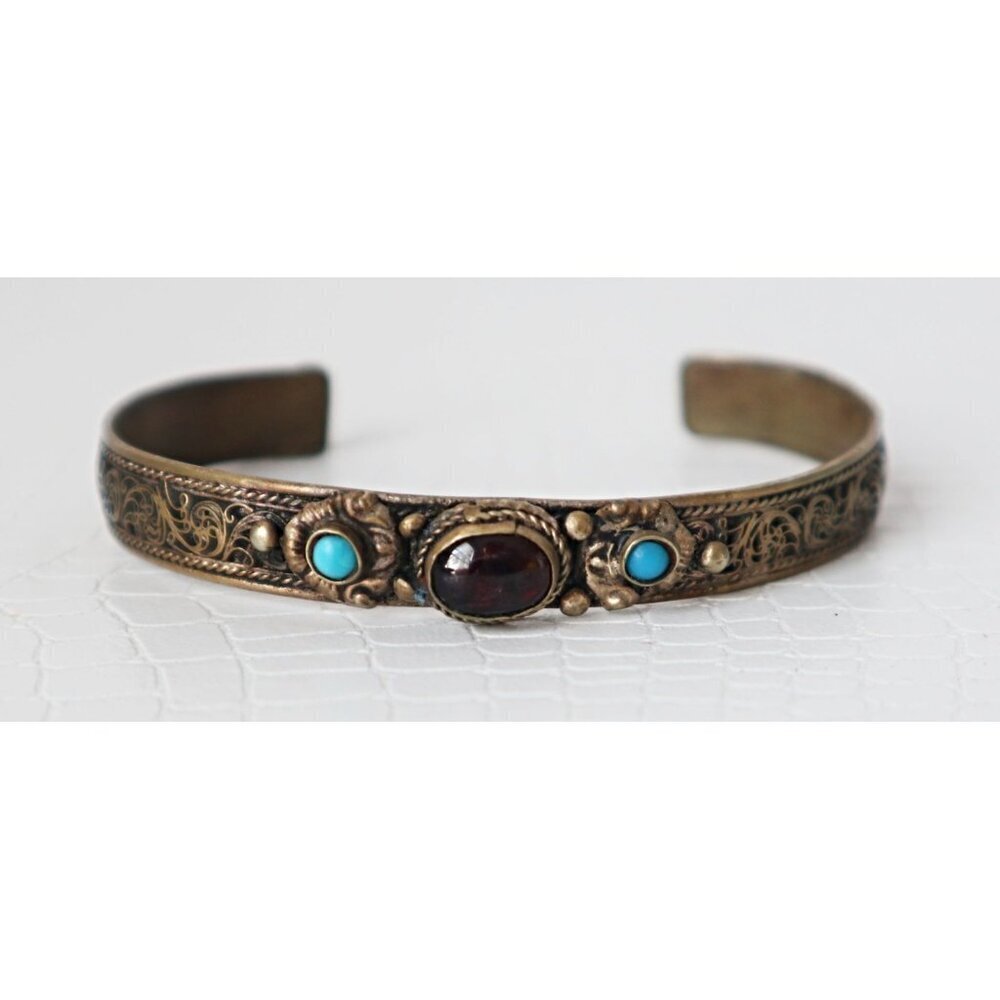 2 Vintage Tribal Silver Filigree Cuff Bracelets Black Onyx & Turquoise - Picture 4 of 6